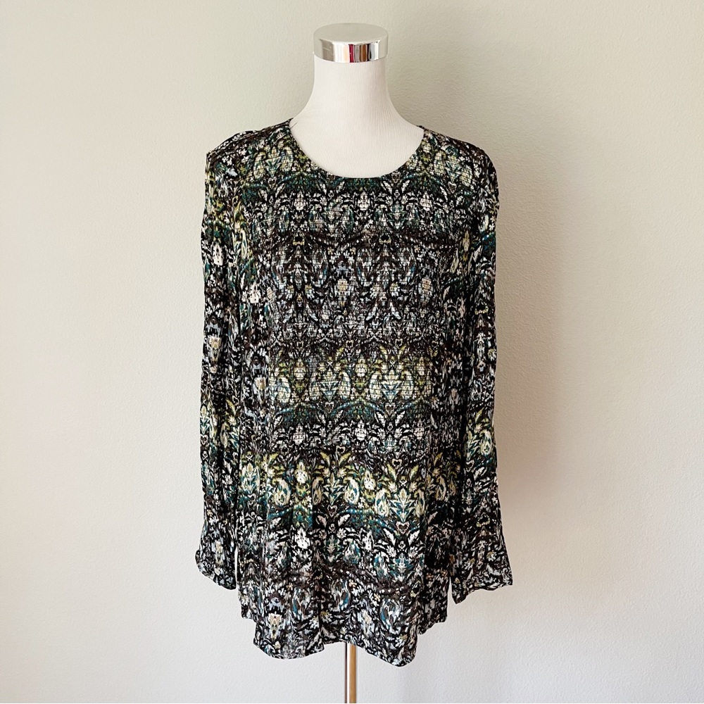 J. Jill Smocked Front Long Sleeve Top Size XL Brown/Green